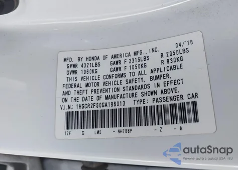 2016 Honda Accord Sport из США, поврежденный, VIN 1HGCR2F50GA196013